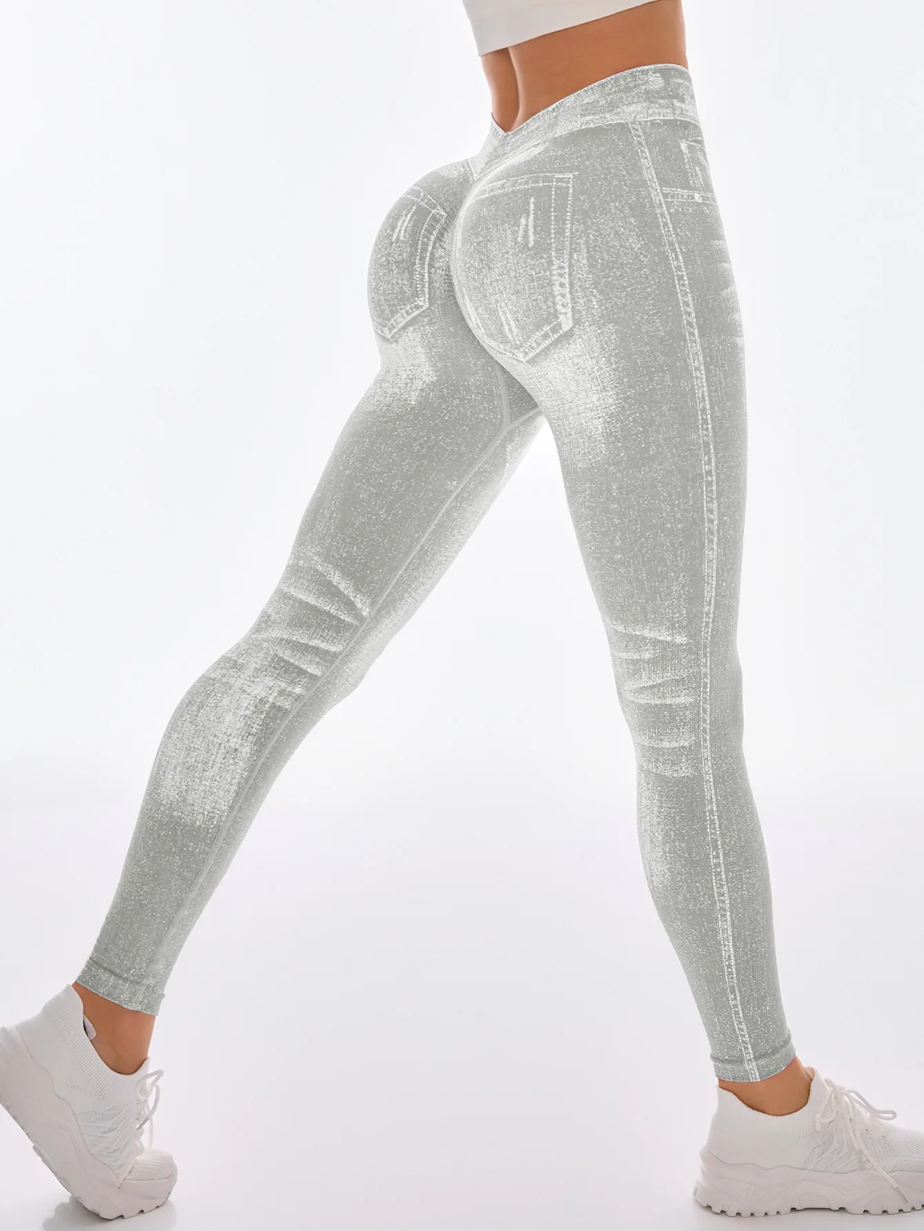 Women's Gym Printed Yoga Tight Pants Seamless High Waisted Denim-like Perforated Fake Pocket Tight Pants Yoga Fitness Leggings