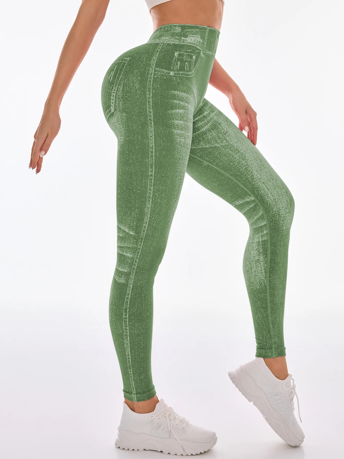Women's Gym Printed Yoga Tight Pants Seamless High Waisted Denim-like Perforated Fake Pocket Tight Pants Yoga Fitness Leggings
