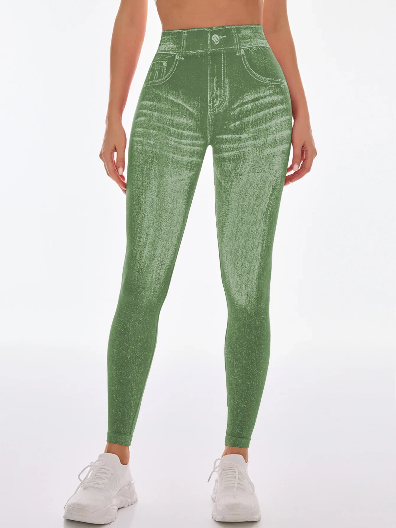 Women's Gym Printed Yoga Tight Pants Seamless High Waisted Denim-like Perforated Fake Pocket Tight Pants Yoga Fitness Leggings