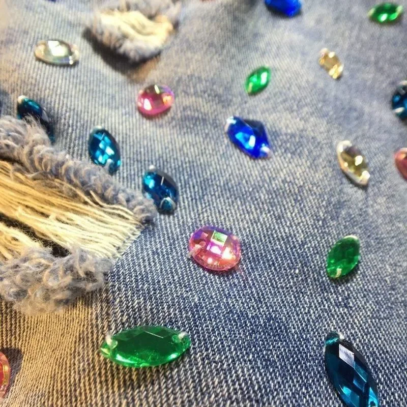 2025 Summer Short Pants High Waist Jeans Hole Shorts Women Stretch Distressed Washed Diamonds Streetwear Straight Denims