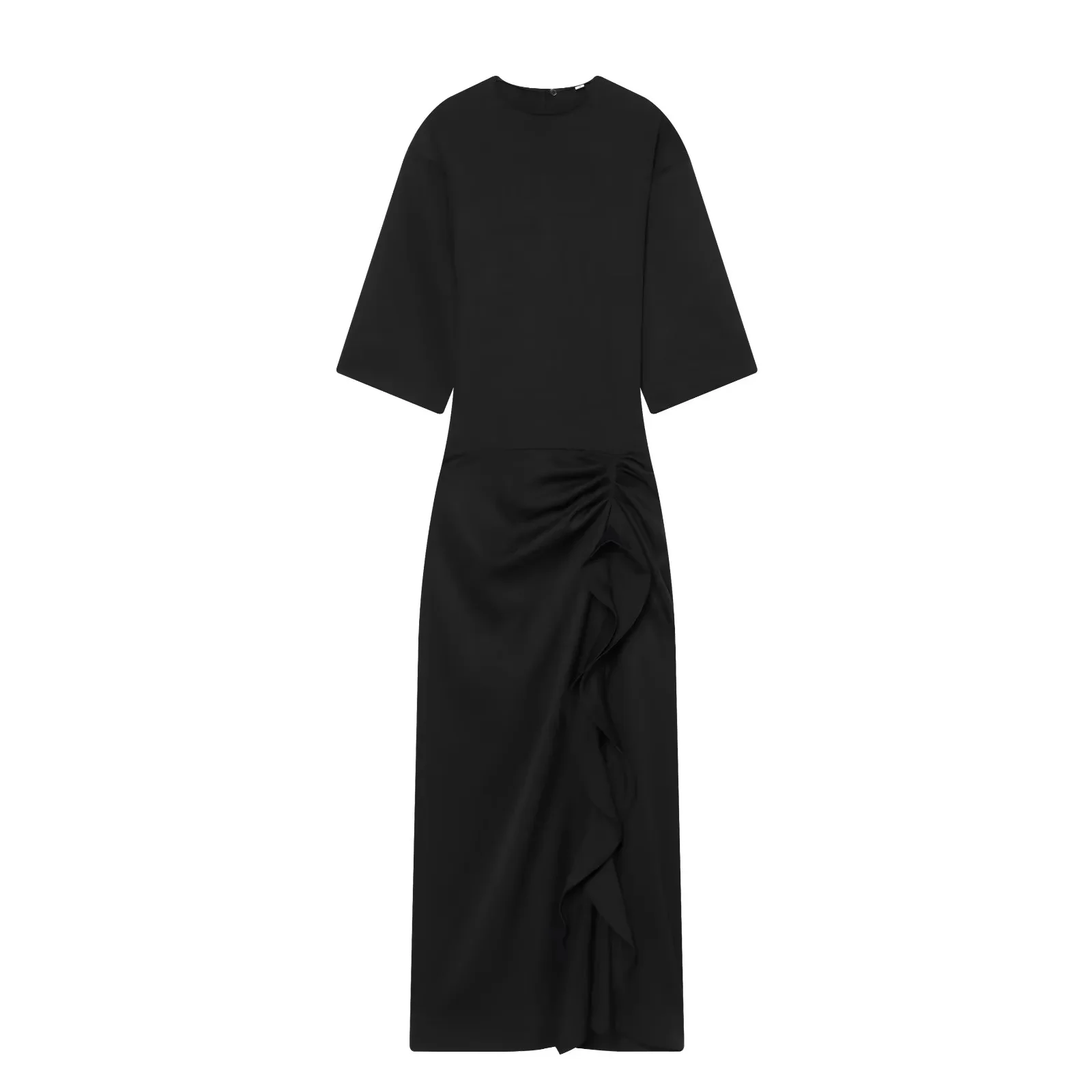 BSAY 2026 Women's Solid Color Round Neck Half Sleeve Midi Dress Slim Fit Side Ruched Ruffle Split Elegant Commuter Formal Dress
