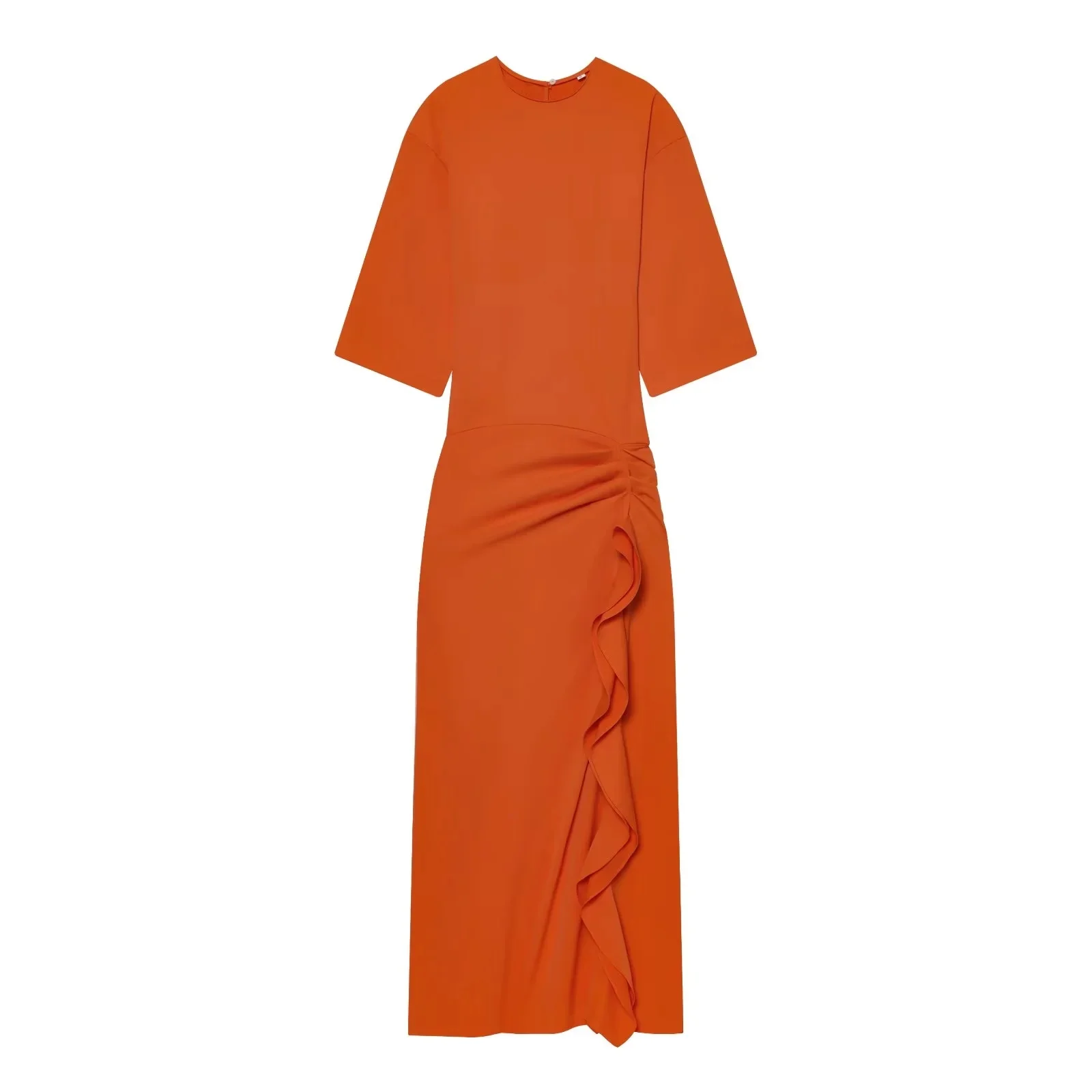 BSAY 2026 Women's Solid Color Round Neck Half Sleeve Midi Dress Slim Fit Side Ruched Ruffle Split Elegant Commuter Formal Dress