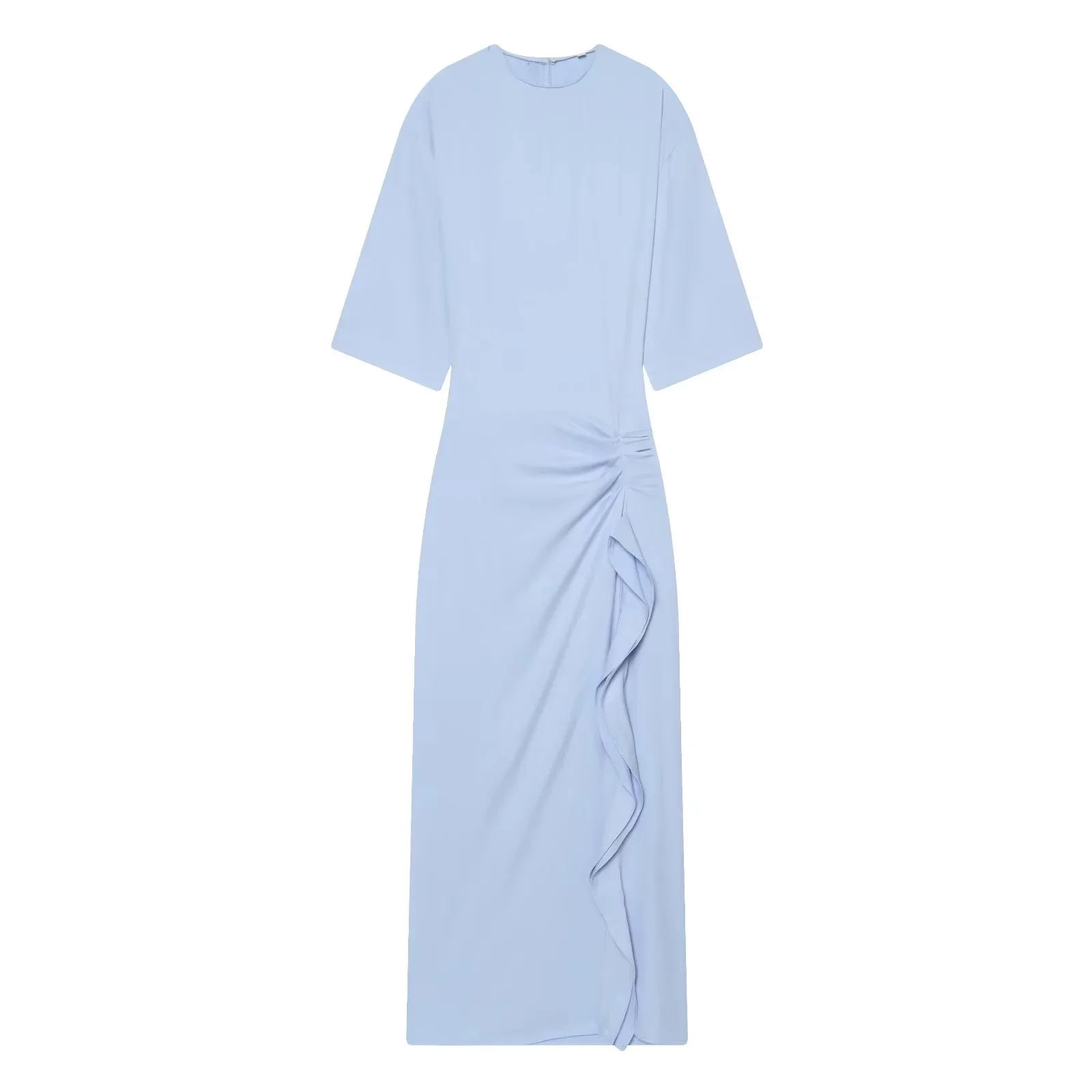 BSAY 2026 Women's Solid Color Round Neck Half Sleeve Midi Dress Slim Fit Side Ruched Ruffle Split Elegant Commuter Formal Dress