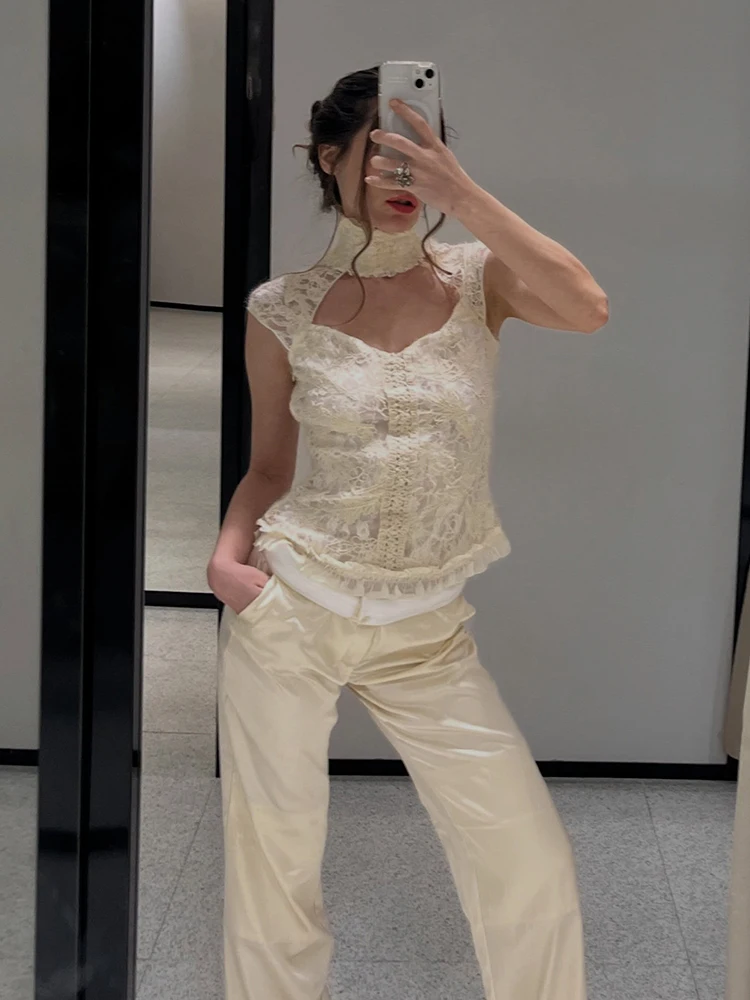 Vintage Trendy Lace Top Off‑white Stylish Casual Office Women Blouse Summer Leisure Cute Sweet Date Street Female Outfit