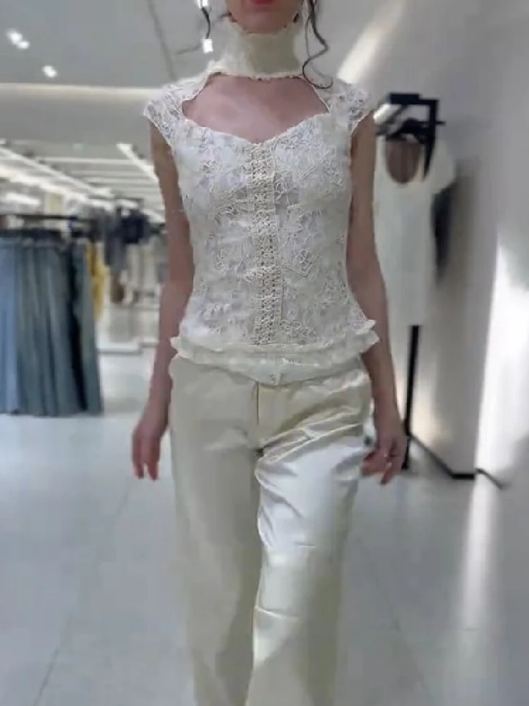 Vintage Trendy Lace Top Off‑white Stylish Casual Office Women Blouse Summer Leisure Cute Sweet Date Street Female Outfit