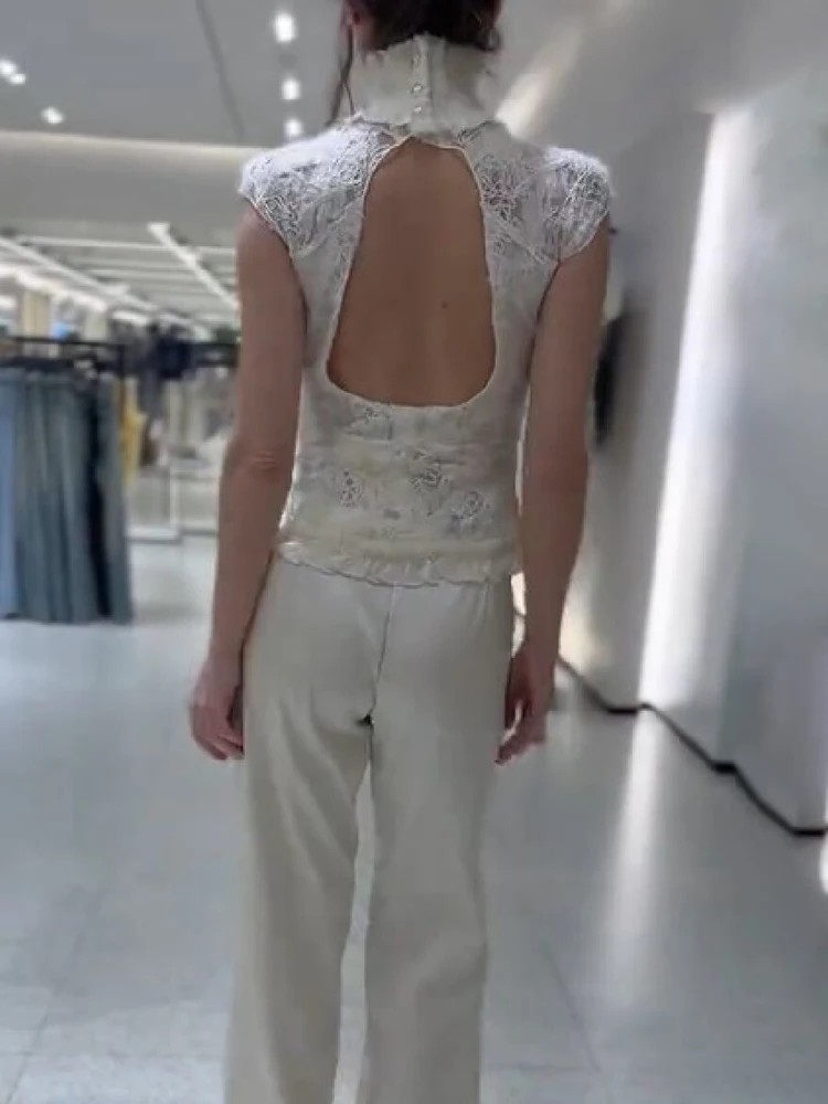 Vintage Trendy Lace Top Off‑white Stylish Casual Office Women Blouse Summer Leisure Cute Sweet Date Street Female Outfit