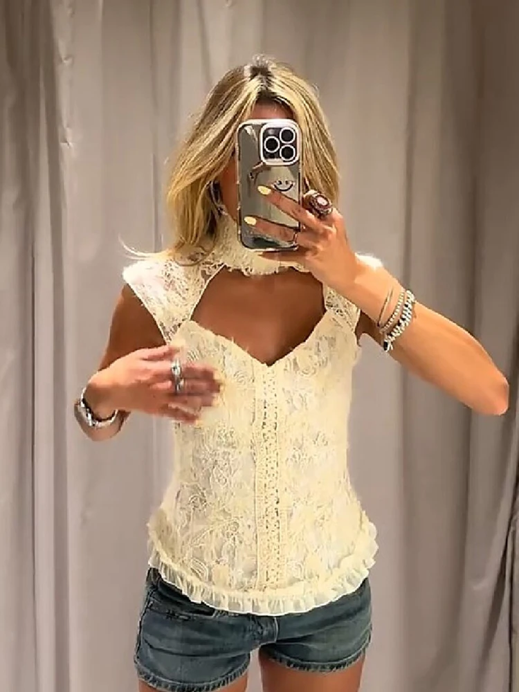 Vintage Trendy Lace Top Off‑white Stylish Casual Office Women Blouse Summer Leisure Cute Sweet Date Street Female Outfit