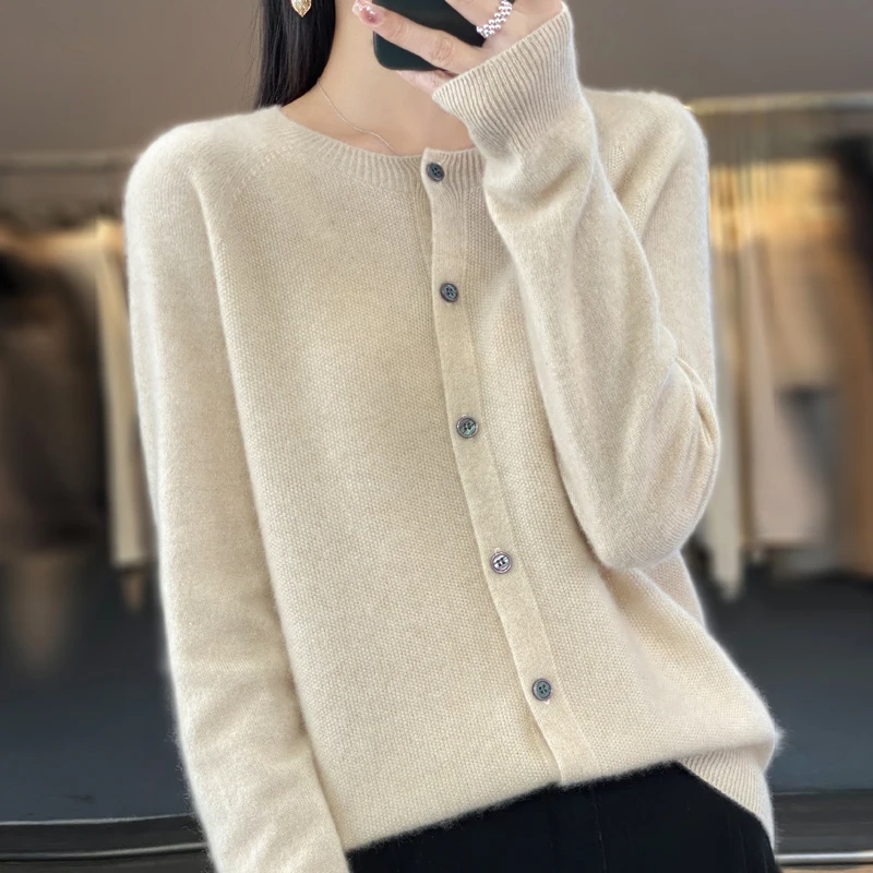 Fashion Women 100% Merino Wool Cardigans Cashmere Sweater Autumn Winter O-neck Long Sleeve Knitwear Female Basic Clothing Tops