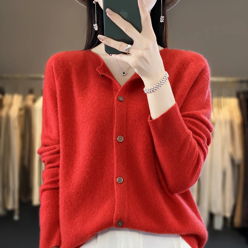 Fashion Women 100% Merino Wool Cardigans Cashmere Sweater Autumn Winter O-neck Long Sleeve Knitwear Female Basic Clothing Tops