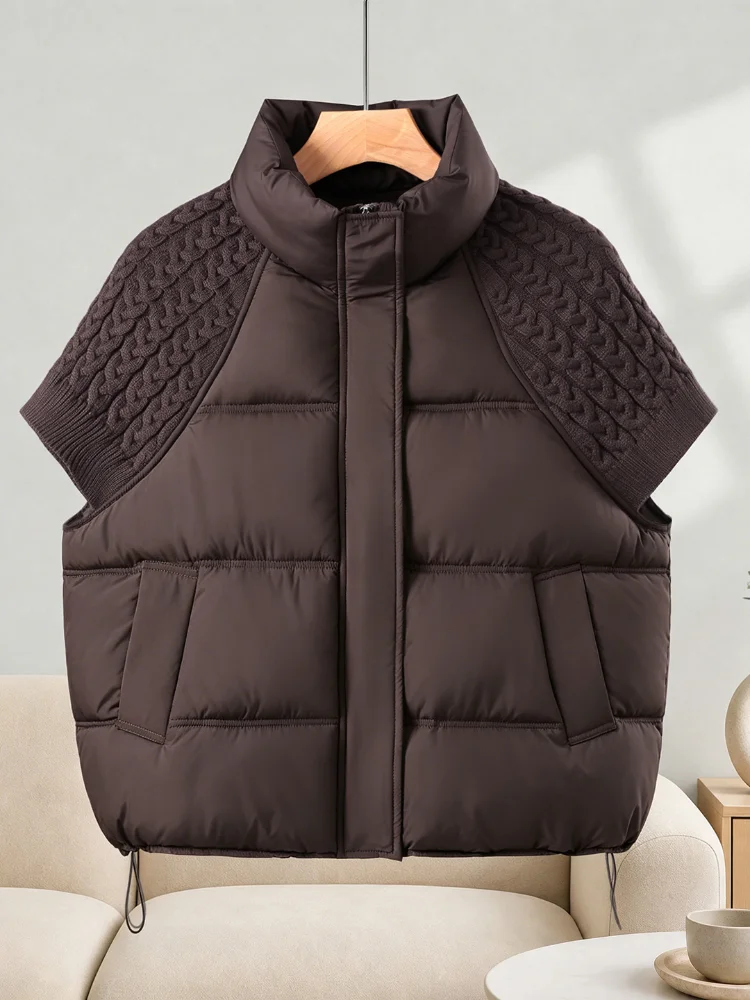 Women Chic Padded Vest Stand Collar Zipper Knit Short Sleeve Patchwork Cropped Coat Autumn Winter Fashion Commute Office Outfit