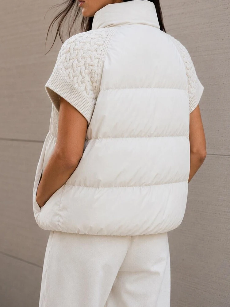 Women Chic Padded Vest Stand Collar Zipper Knit Short Sleeve Patchwork Cropped Coat Autumn Winter Fashion Commute Office Outfit