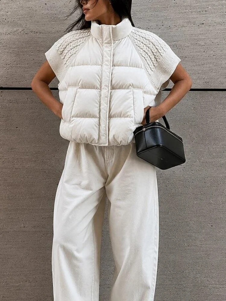 Women Chic Padded Vest Stand Collar Zipper Knit Short Sleeve Patchwork Cropped Coat Autumn Winter Fashion Commute Office Outfit