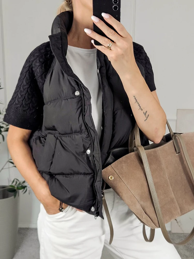 Women Chic Padded Vest Stand Collar Zipper Knit Short Sleeve Patchwork Cropped Coat Autumn Winter Fashion Commute Office Outfit