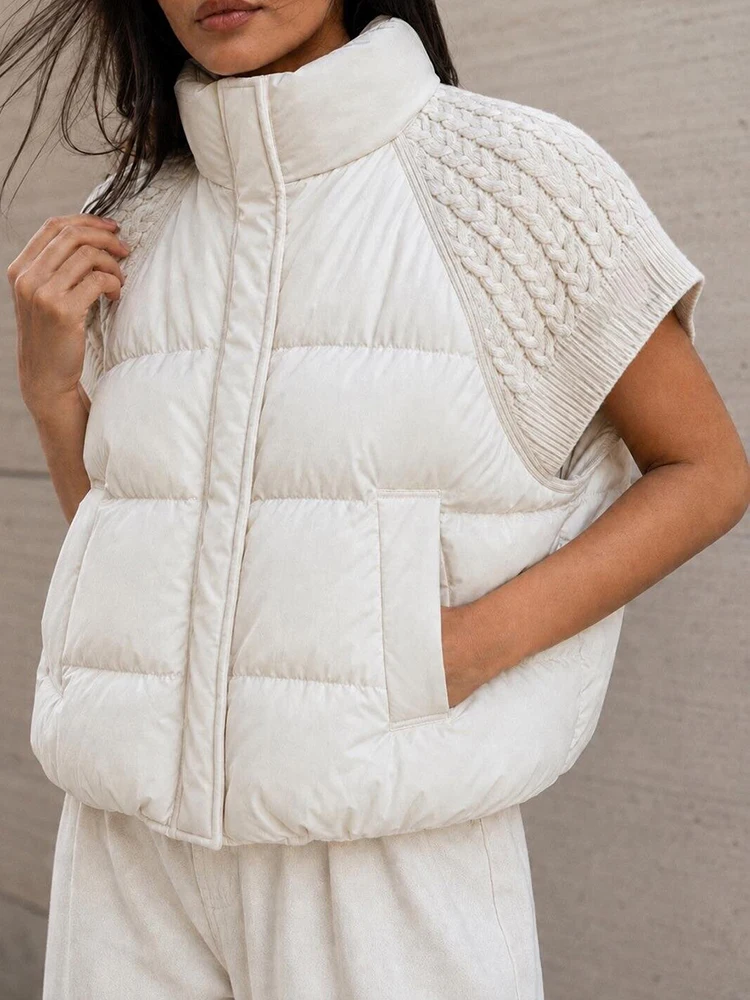 Women Chic Padded Vest Stand Collar Zipper Knit Short Sleeve Patchwork Cropped Coat Autumn Winter Fashion Commute Office Outfit