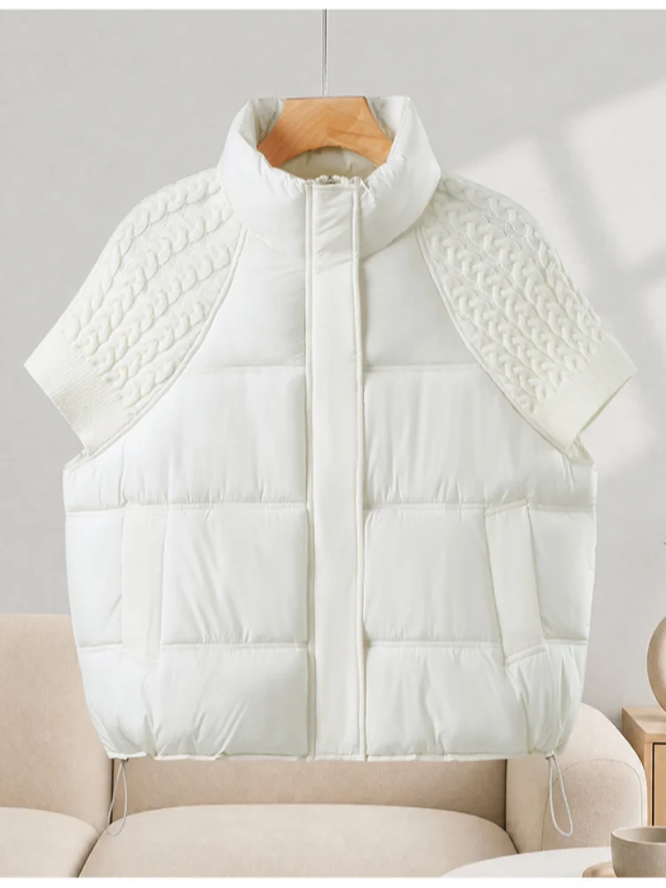 Women Chic Padded Vest Stand Collar Zipper Knit Short Sleeve Patchwork Cropped Coat Autumn Winter Fashion Commute Office Outfit