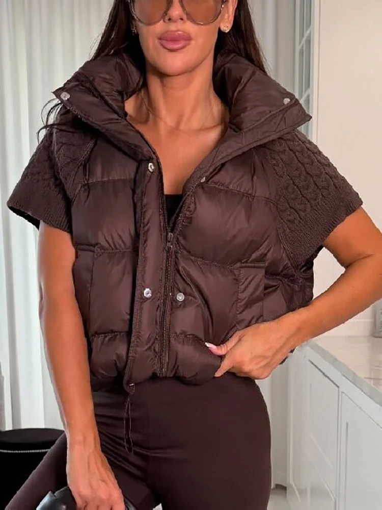 Women Chic Padded Vest Stand Collar Zipper Knit Short Sleeve Patchwork Cropped Coat Autumn Winter Fashion Commute Office Outfit