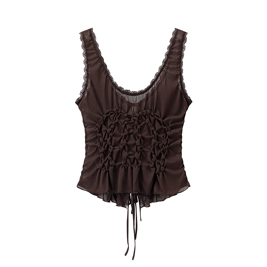 DUOPERI Women Y2K Fashion Solid Pleated Lace Up Slim Fitting Camisole Straps V-Neck Female Chic Lady Casual Tank Tops
