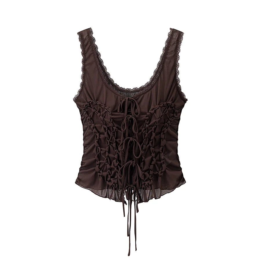 DUOPERI Women Y2K Fashion Solid Pleated Lace Up Slim Fitting Camisole Straps V-Neck Female Chic Lady Casual Tank Tops