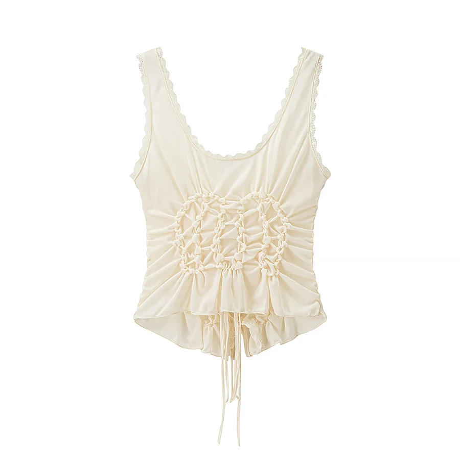 DUOPERI Women Y2K Fashion Solid Pleated Lace Up Slim Fitting Camisole Straps V-Neck Female Chic Lady Casual Tank Tops