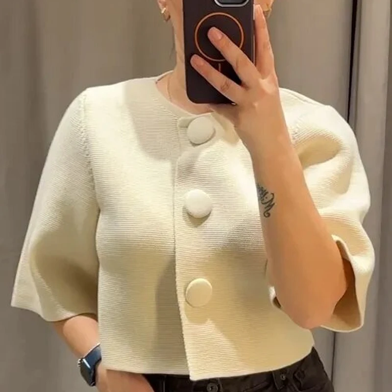 HXAO Women's Cropped Knit Cardigan Summer 2026 Elegant Off White Button O-Neck Short Sleeve Tops For Woman Resort Bolero Sweater
