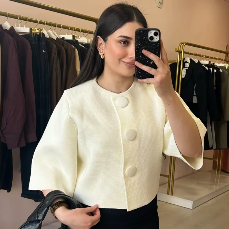 HXAO Women's Cropped Knit Cardigan Summer 2026 Elegant Off White Button O-Neck Short Sleeve Tops For Woman Resort Bolero Sweater
