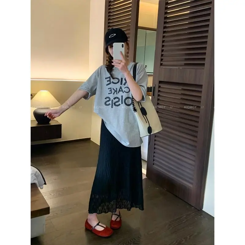 2026 Summer New Women Solid Straight Long Skirt High Waist Elegant All Match Fashion Casual Streetwear Versatile Midi Skirt