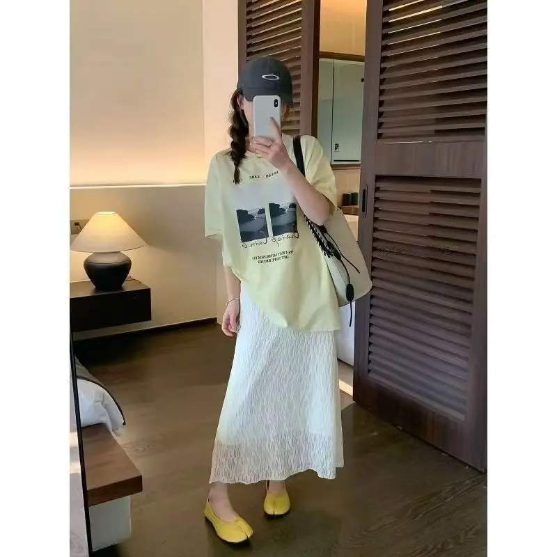 2026 Summer New Women Solid Straight Long Skirt High Waist Elegant All Match Fashion Casual Streetwear Versatile Midi Skirt