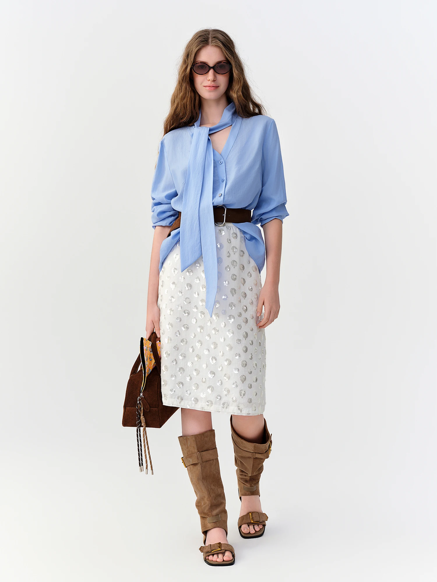 DUSHU 2026 Fall New Women Blue Elegant Blouse with Streamer Tie Commute Style Shirt Fashionable Top Available in Multiple Sizes
