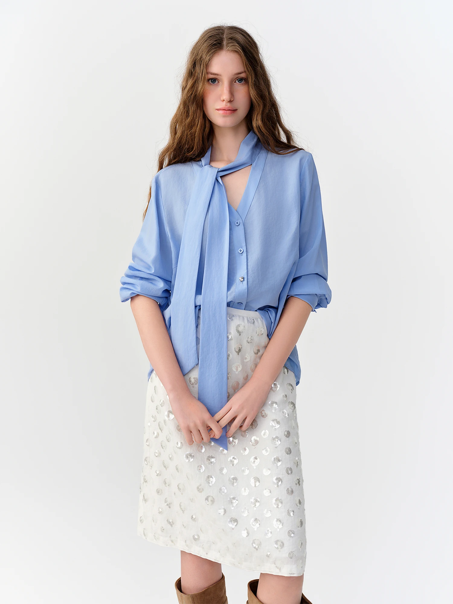 DUSHU 2026 Fall New Women Blue Elegant Blouse with Streamer Tie Commute Style Shirt Fashionable Top Available in Multiple Sizes