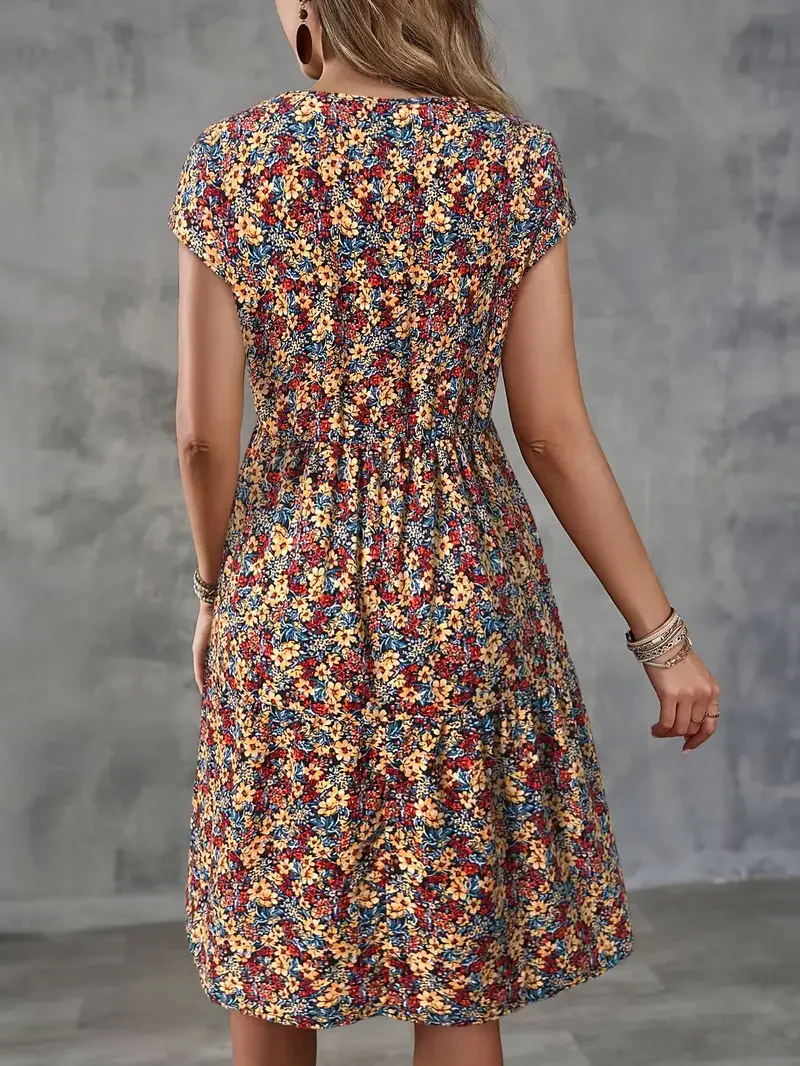 Women's Summer Floral Print Short-Sleeved Round Neck Dress, Casual Loose Vacation Style Dress