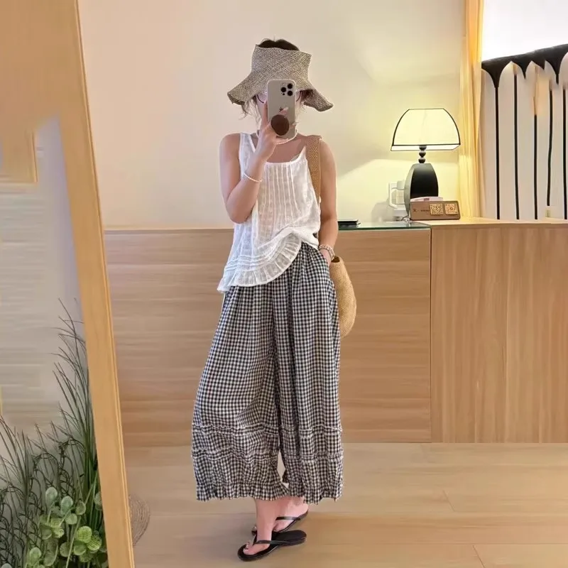Summer thin classic retro black and white checkered women's high-waisted loose nine-eighths lantern pants (regular style)