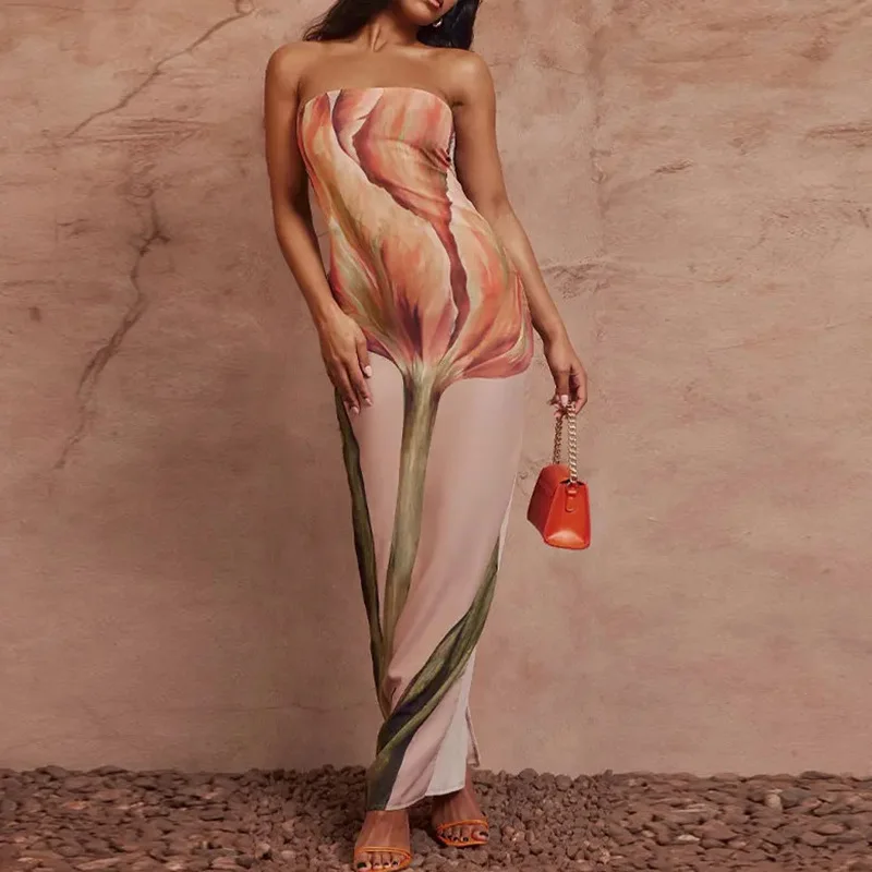Sexy Strapless Backless Printed Long Dress Women Fashion Sleeveless Off Shoulder Vestidos 2024 Summer Lady Party Evening Robes