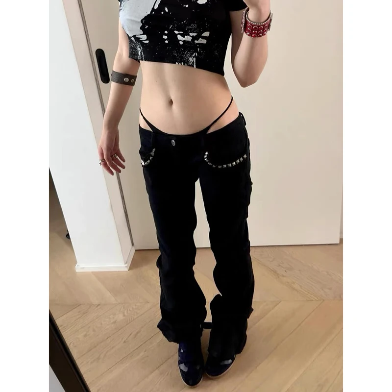 ZHIZOU Women Low Rise Jeans Black Flared Denim Pants Gyaru American Retro Korean Cyber Punk Trumpet Jeans Y2k Skinny Bell Bottom