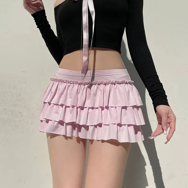 Bow Sweet A-Line Skirts Women Sexy Slim Low-Waist Casual Mini Skirts Y2K Female Summer Fashion Streetwear All-Match Pink Skirts