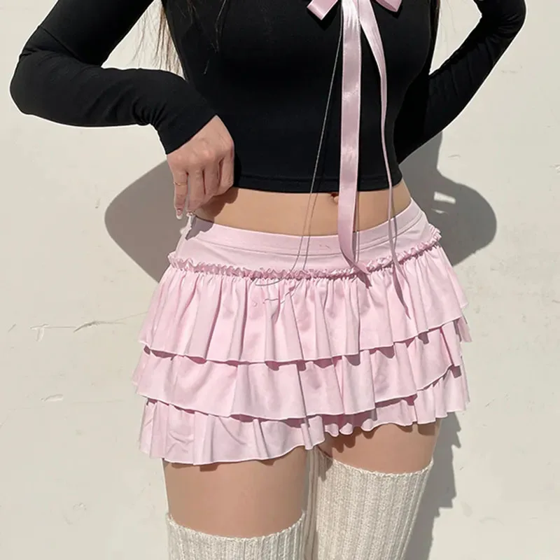 Bow Sweet A-Line Skirts Women Sexy Slim Low-Waist Casual Mini Skirts Y2K Female Summer Fashion Streetwear All-Match Pink Skirts