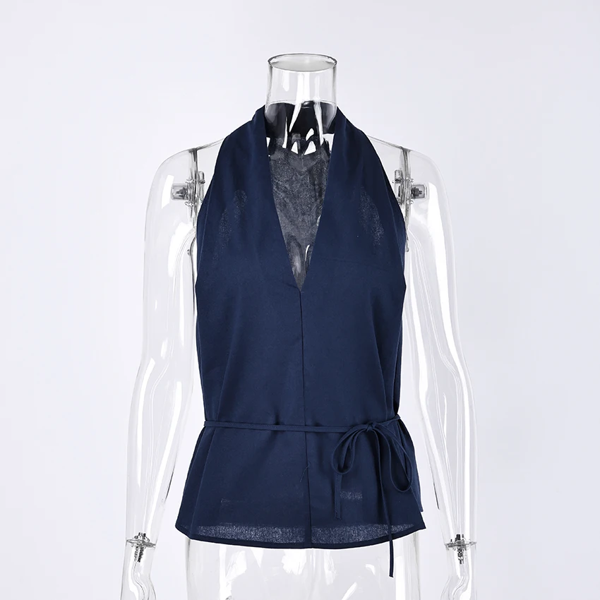 Linad Street Chic Navy Halter Tank Top For Women Fashion Deep V Neck Lace Up Vest Female Spring Casual Sleeveless Tops 2026