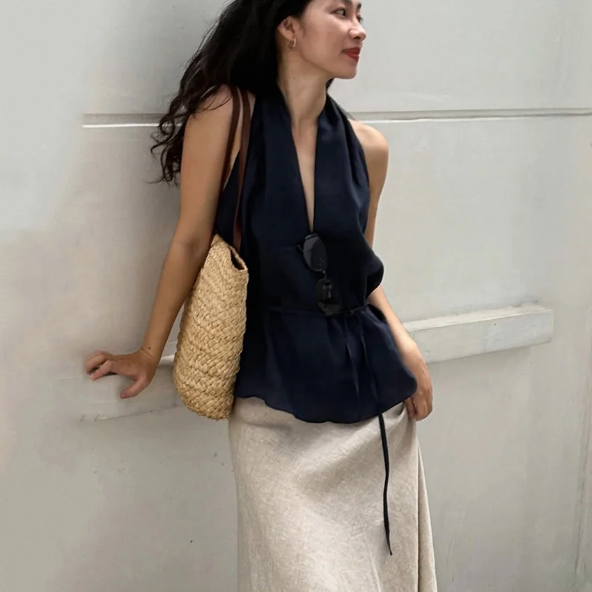 Linad Street Chic Navy Halter Tank Top For Women Fashion Deep V Neck Lace Up Vest Female Spring Casual Sleeveless Tops 2026