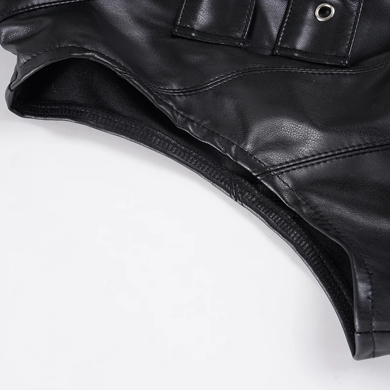 SUCHCUTE Retro Punk Pu Leather Vest With Sleeve Cover Women Gothic Black Sleeveless Turtleneck Top Y2k Metal Decorative Clothing