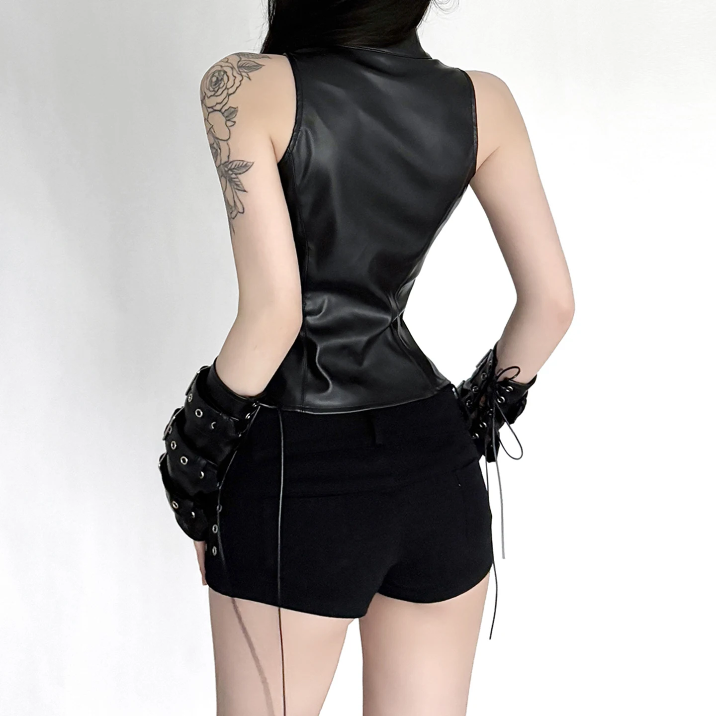SUCHCUTE Retro Punk Pu Leather Vest With Sleeve Cover Women Gothic Black Sleeveless Turtleneck Top Y2k Metal Decorative Clothing