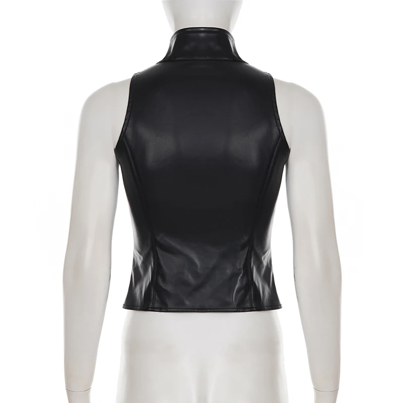 SUCHCUTE Retro Punk Pu Leather Vest With Sleeve Cover Women Gothic Black Sleeveless Turtleneck Top Y2k Metal Decorative Clothing