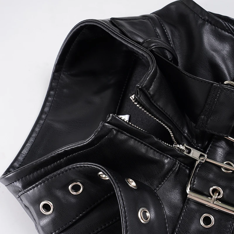 SUCHCUTE Retro Punk Pu Leather Vest With Sleeve Cover Women Gothic Black Sleeveless Turtleneck Top Y2k Metal Decorative Clothing
