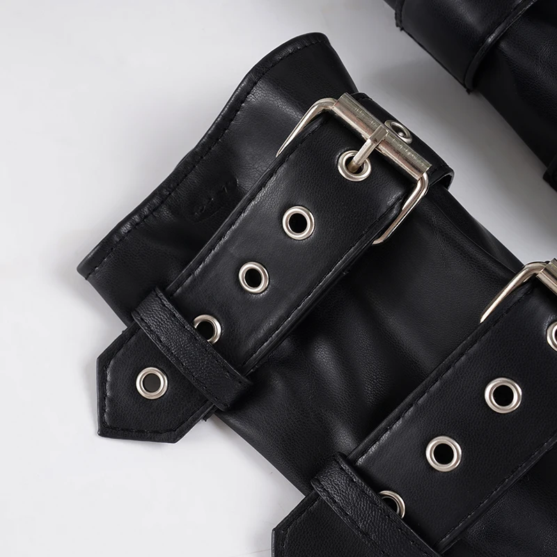 SUCHCUTE Retro Punk Pu Leather Vest With Sleeve Cover Women Gothic Black Sleeveless Turtleneck Top Y2k Metal Decorative Clothing