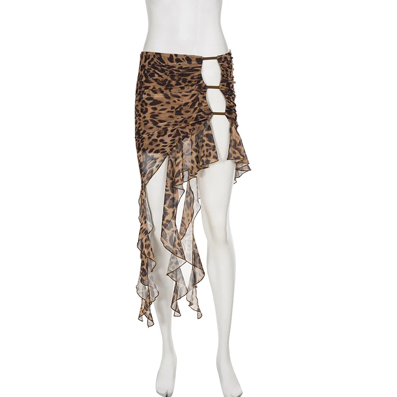IAMSURE-Vintage Leopard Printed High Slit Hottie Irregular Half Mesh Skirts Summer Design Holiday Wearing Mini Skirts Women New