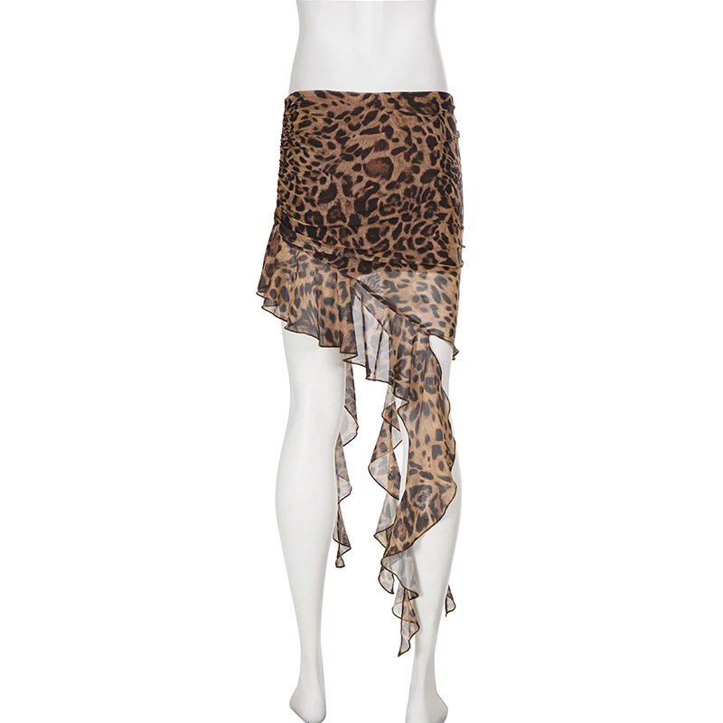 IAMSURE-Vintage Leopard Printed High Slit Hottie Irregular Half Mesh Skirts Summer Design Holiday Wearing Mini Skirts Women New