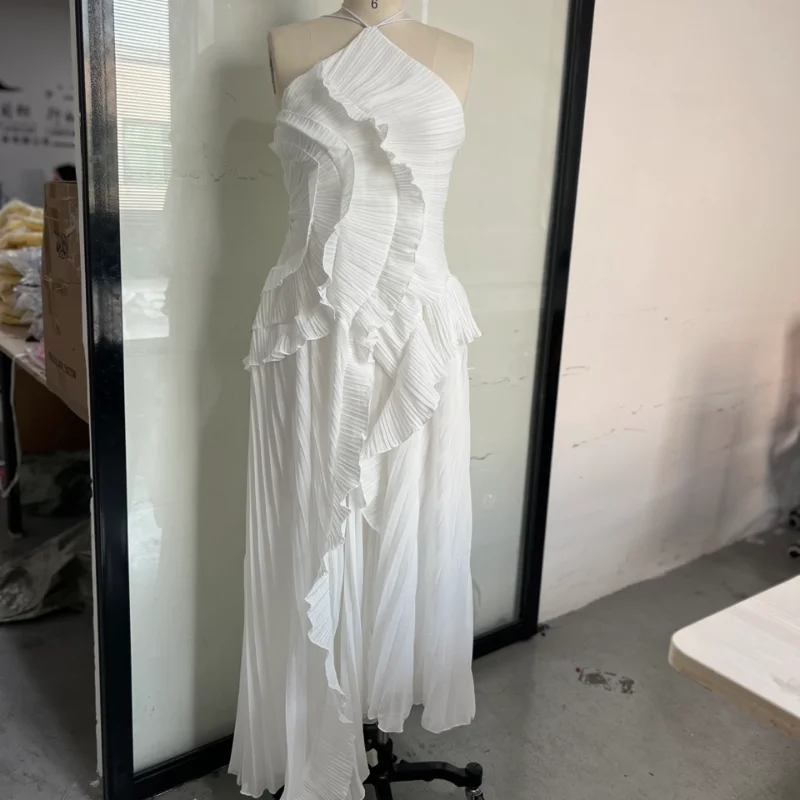 Gown Neck Strap Irregular Long Dress For Women Ruffle Sleeveless High Waist Backless Dresses 2025 New Summer Elegant Party Y2k