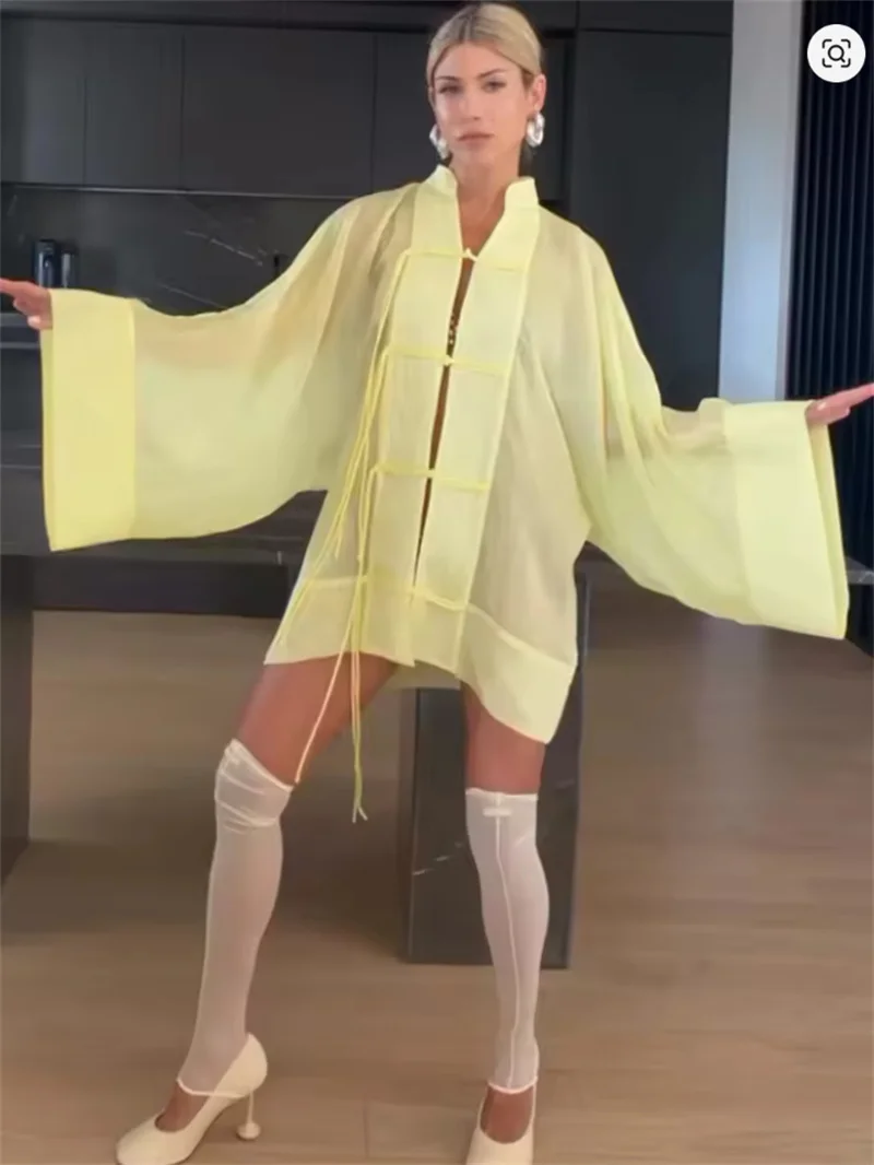 Women's Shirt 2026 Summer New Yellow Long Sleeve with Knot Button Decoration Loose Fit Beach Vacation Elegant Temperament