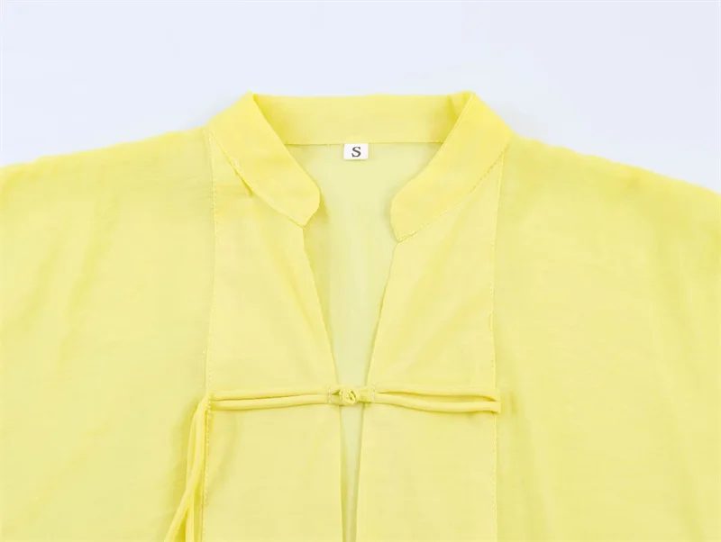 Women's Shirt 2026 Summer New Yellow Long Sleeve with Knot Button Decoration Loose Fit Beach Vacation Elegant Temperament