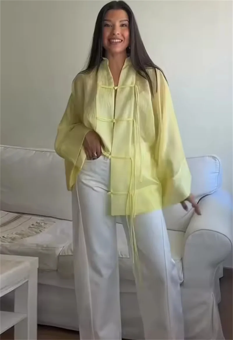 Women's Shirt 2026 Summer New Yellow Long Sleeve with Knot Button Decoration Loose Fit Beach Vacation Elegant Temperament