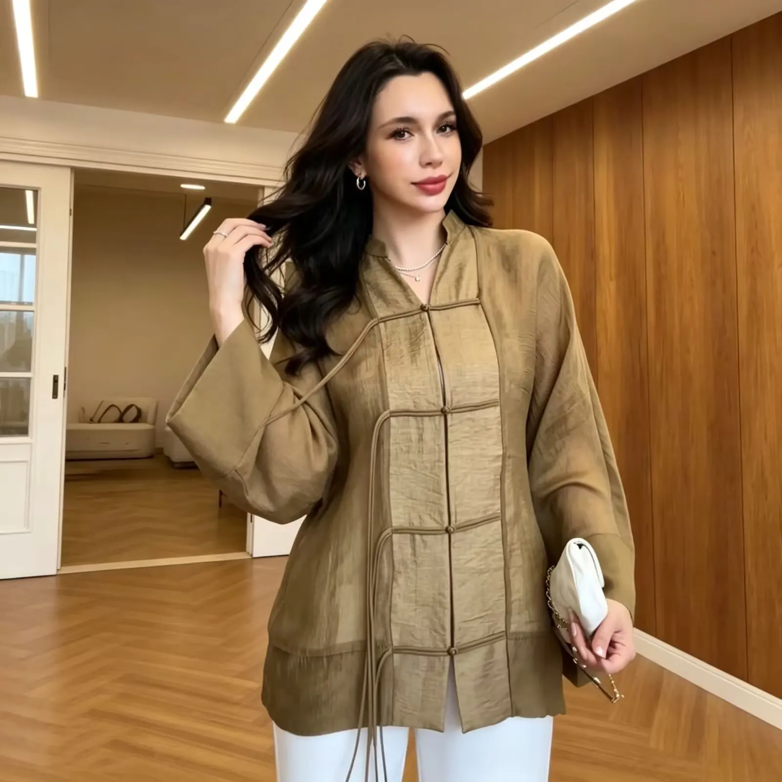Women's Shirt 2026 Summer New Yellow Long Sleeve with Knot Button Decoration Loose Fit Beach Vacation Elegant Temperament