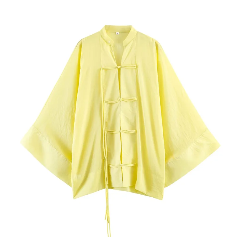 Women's Shirt 2026 Summer New Yellow Long Sleeve with Knot Button Decoration Loose Fit Beach Vacation Elegant Temperament